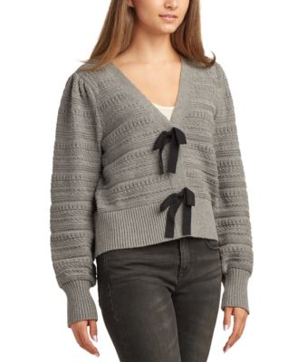 Juniors V-Neck Bow-Trim Long-Sleeve Cardigan