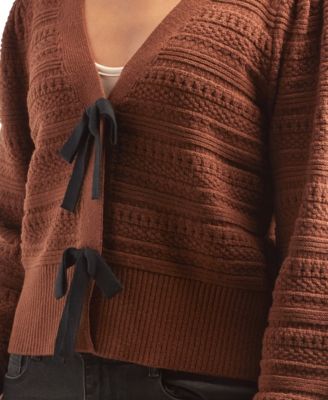 Juniors V-Neck Bow-Trim Long-Sleeve Cardigan