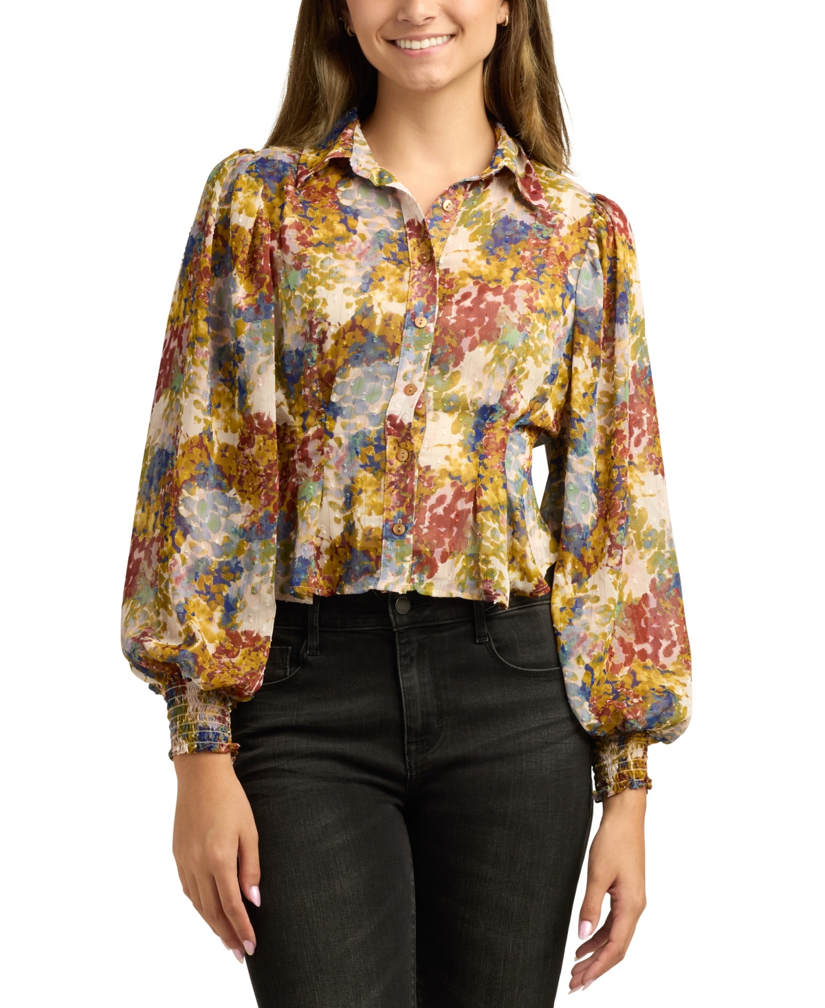 Bcx Juniors Printed Long-bubble-sleeve Button-front Top In Multi