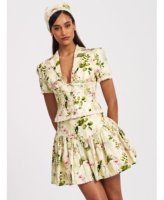 Women Zanella Green Floral Print Lace Trim Linen Top