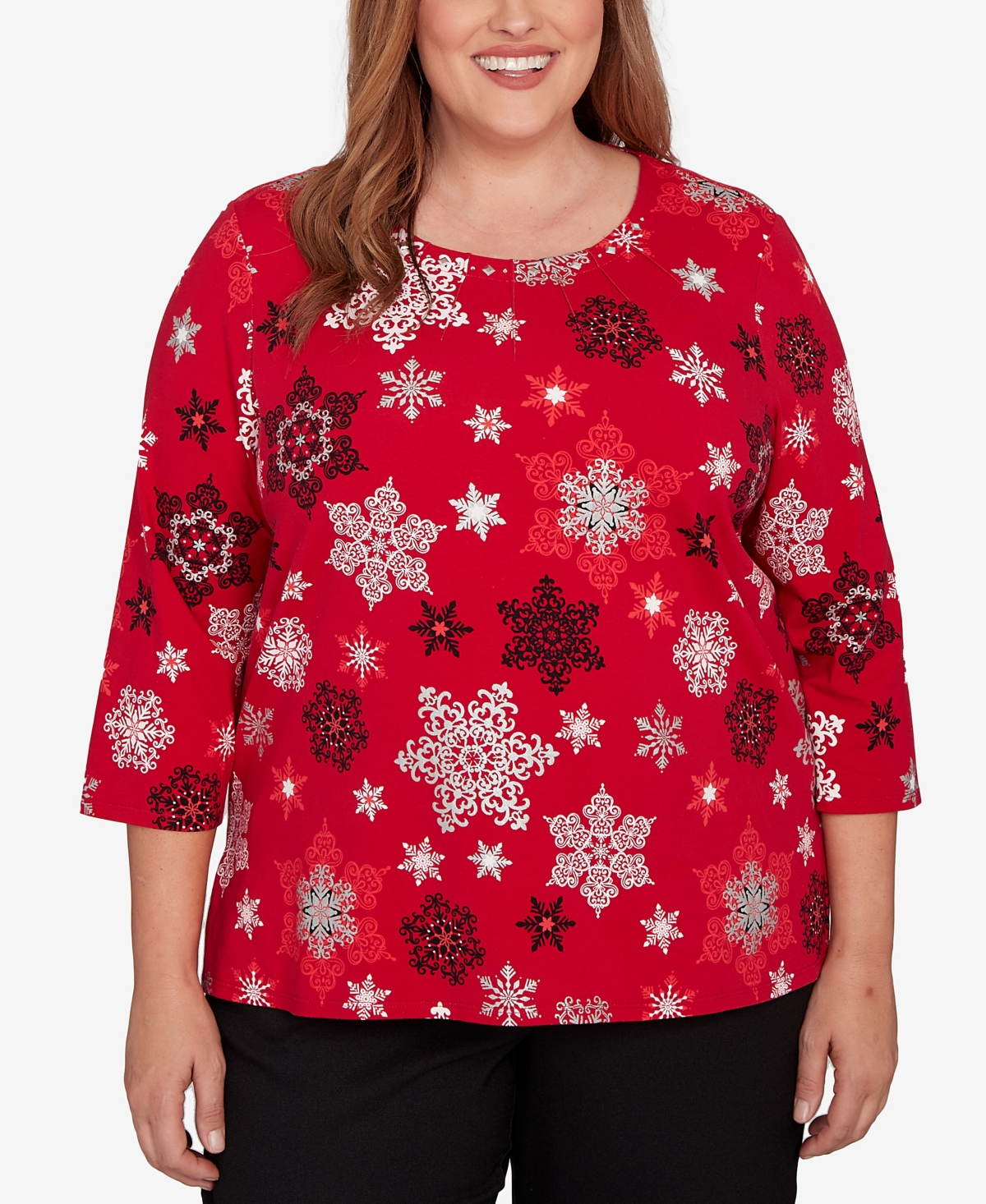 Alfred Dunner Plus Size Classic Embellished Snowflake Pleated Neck Top In Red