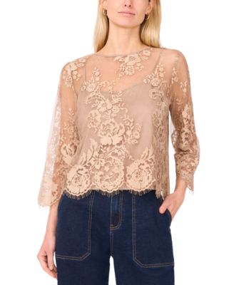 Vince Camuto - Women's Floral-Lace Scalloped-Hem 3/4-Sleeve Top