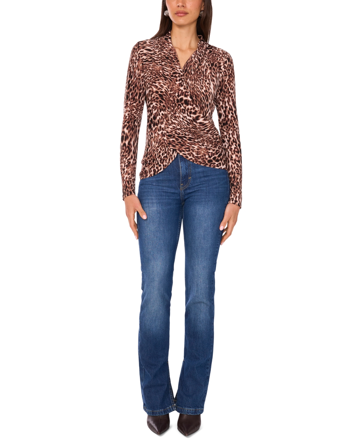 Vince Camuto Women's Animal Print Long-sleeve Faux-wrap Top In Brown