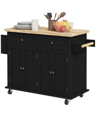 Black Kitchen Island Cart: Rubberwood Top, Spice Rack