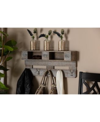 Ferguson Vintage Rustic Whitewashed Grey Oak Finished Wood Wall Mounted Coat Rack with Shelves