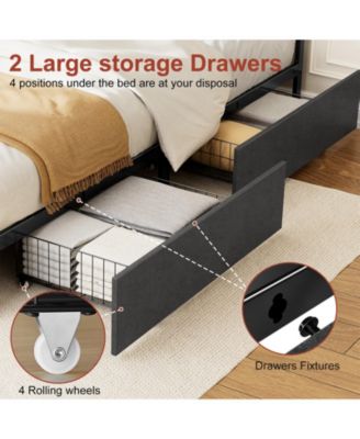 Upholstered Full Bed Frame with 2 Storage Drawers, LED Headboard, USB Ports, Dark Gray