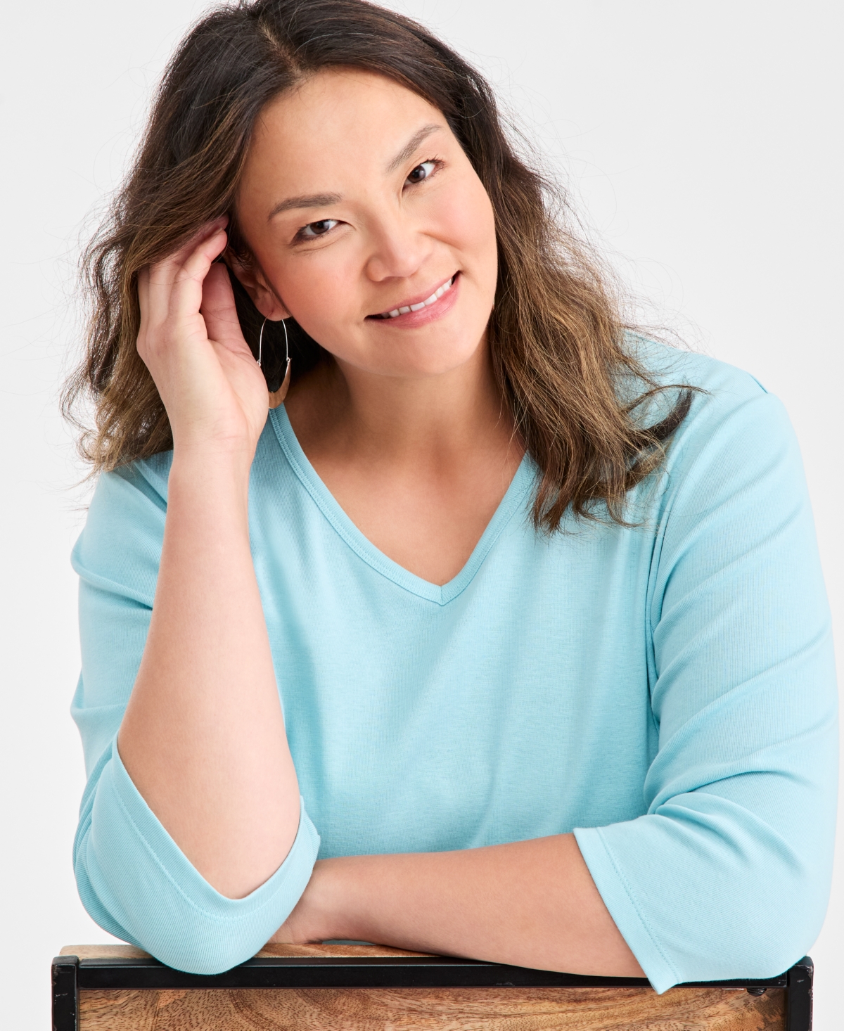 Style & Co Plus Size Cotton V-neck 3/4-sleeve Top, Exclusively At Macy's In Blue