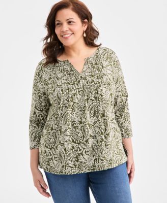 Style & Co - Plus Size Pintuck-Front Split-Neck Knit Top