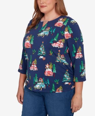 Plus Size Classic Christmas Tree Print Beaded Keyhole Neck Top