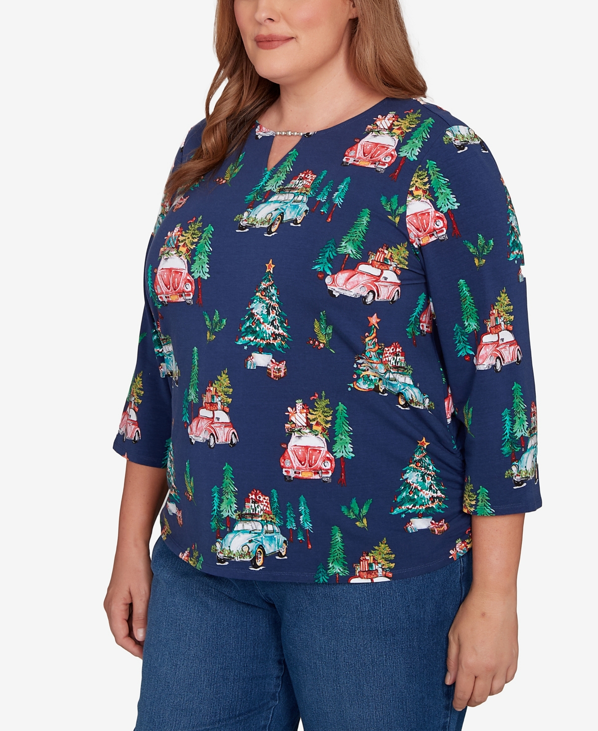 Alfred Dunner Plus Size Classic Christmas Tree Print Beaded Keyhole Neck Top In Blue