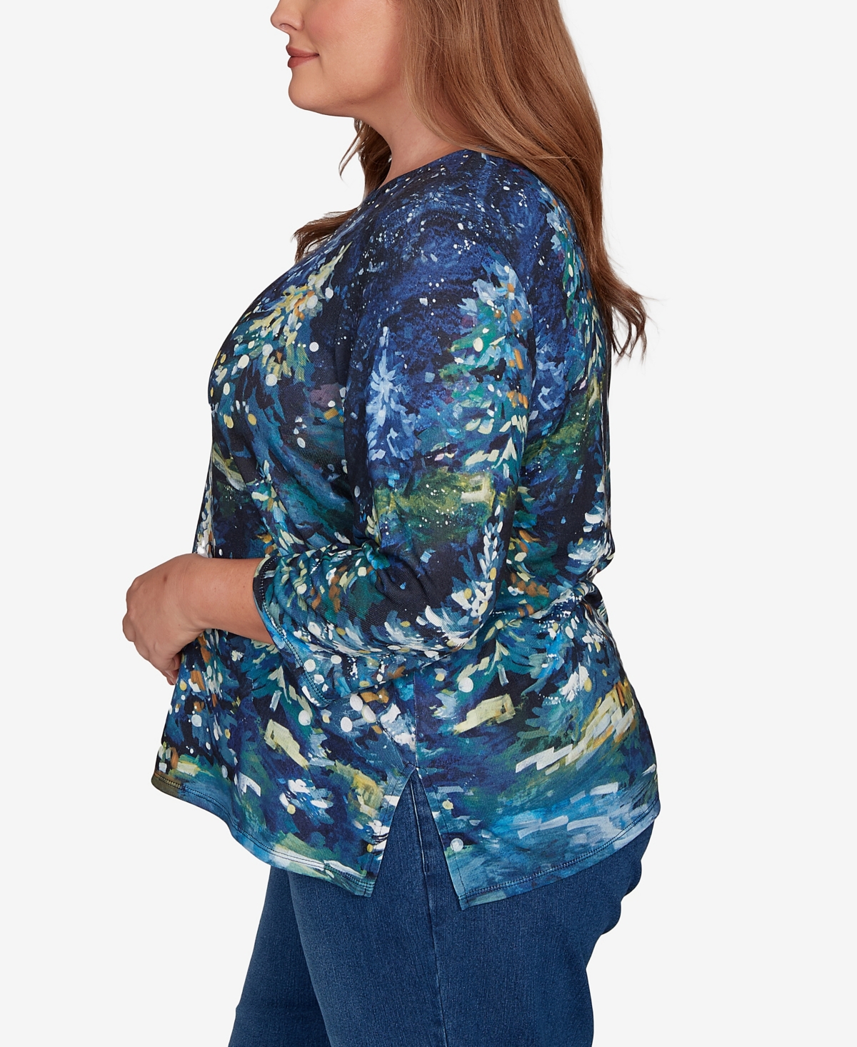 Alfred Dunner Plus Size Classic Starry Night Holiday Tree Crew Neck Top In Blue