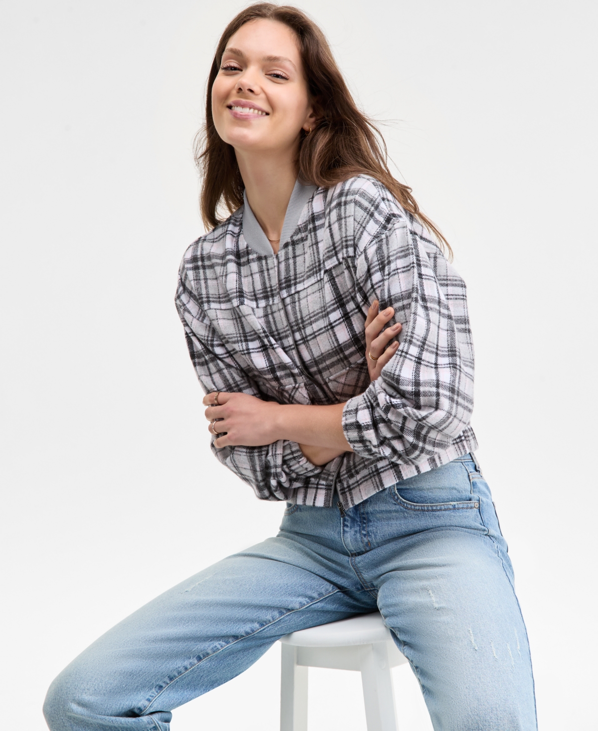 Madden Girl Juniors' Plaid-print Bomber Jacket In Black
