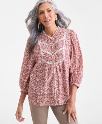 Style & Co - Women's Cotton Floral-Print Lace-Trim Blouse