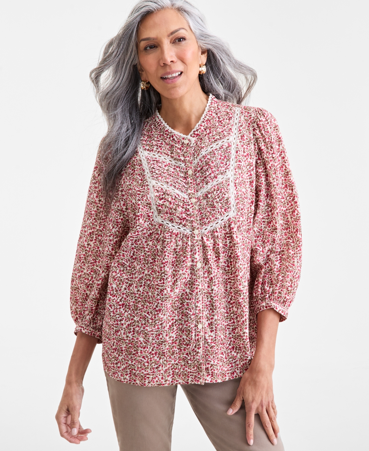 Style & Co Women's Printed Cotton Lace-Trim Blouse, Macy's Exclusive