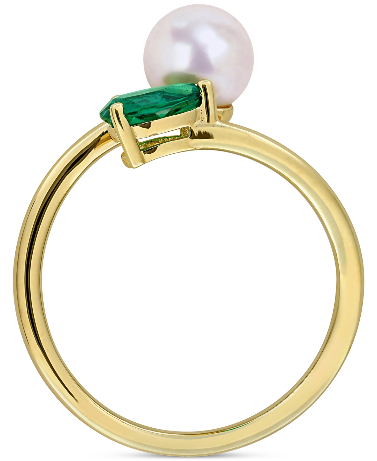 Macy's Cultured Freshwater Pearl & Lab-created Emerald Ring (3/8 Ct. T.w.) In 18k Gold-plated Sterling Silv In Gold