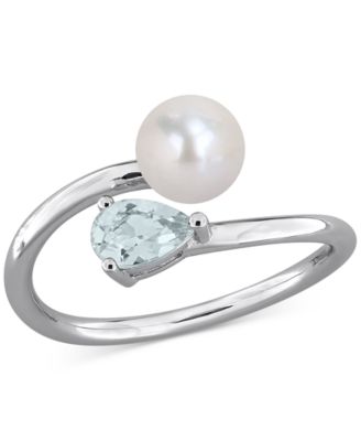 Macy's - Cultured Freshwater Pearl (6mm) & Aquamarine (3/8 ct. t.w.) Bypass Ring in Sterling Silver