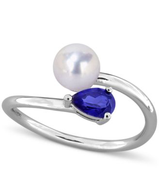 Macy's - Cultured Freshwater Pearl (6mm) & Lab Grown Blue Sapphire (5/8 ct. t.w.) Bypass Ring in Sterling Silver
