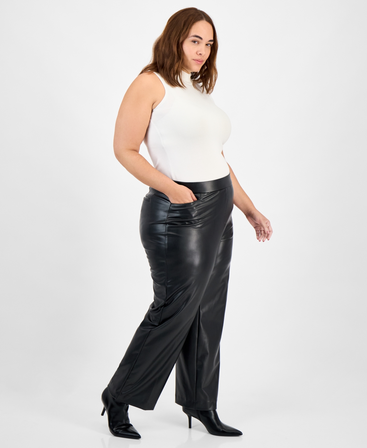 Kasper Plus Size High Rise Faux Leather Pants In Black