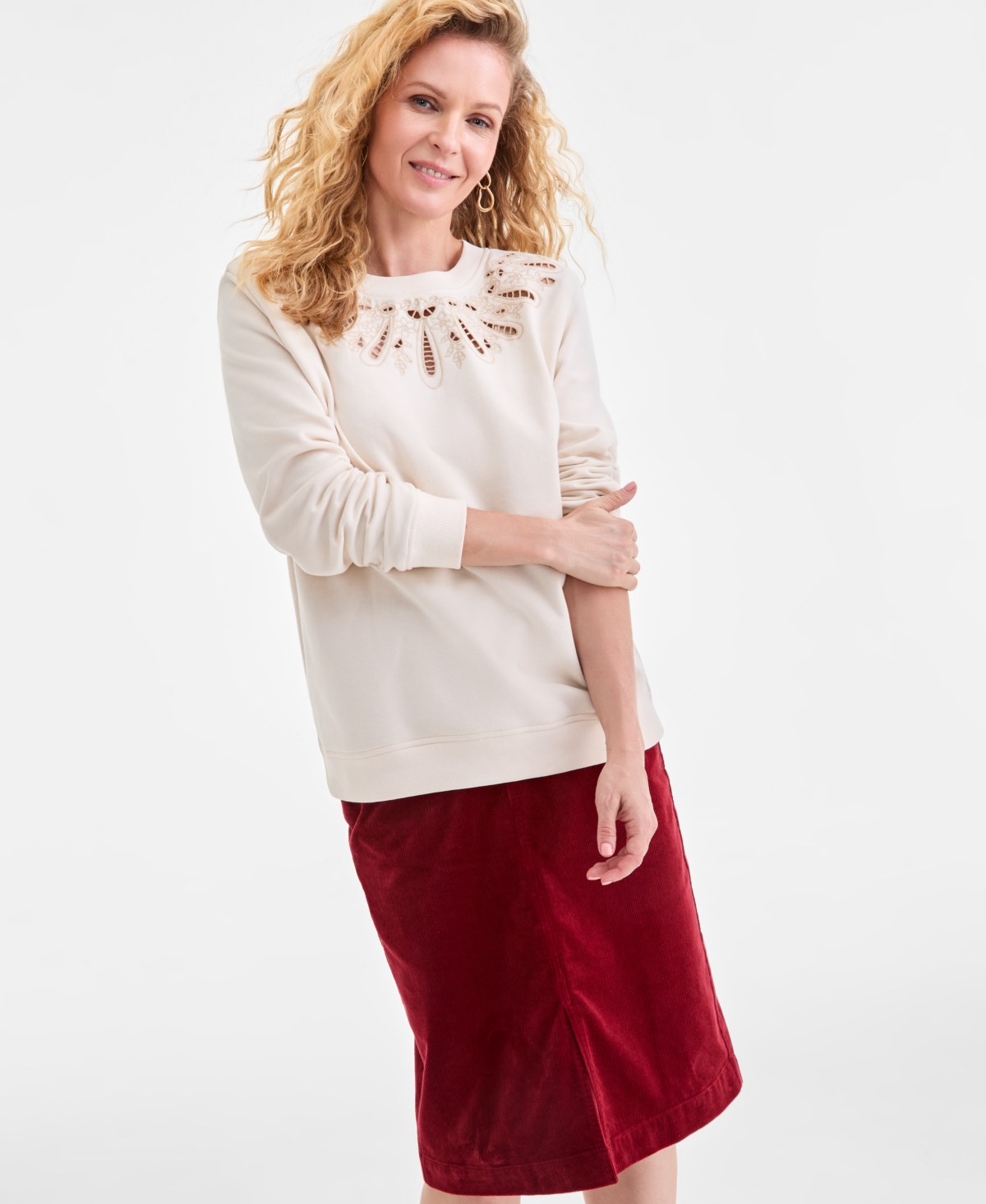 Style & Co Women's Embroidery Crewneck Sweatshirt, Macy's Exclusive In Brown