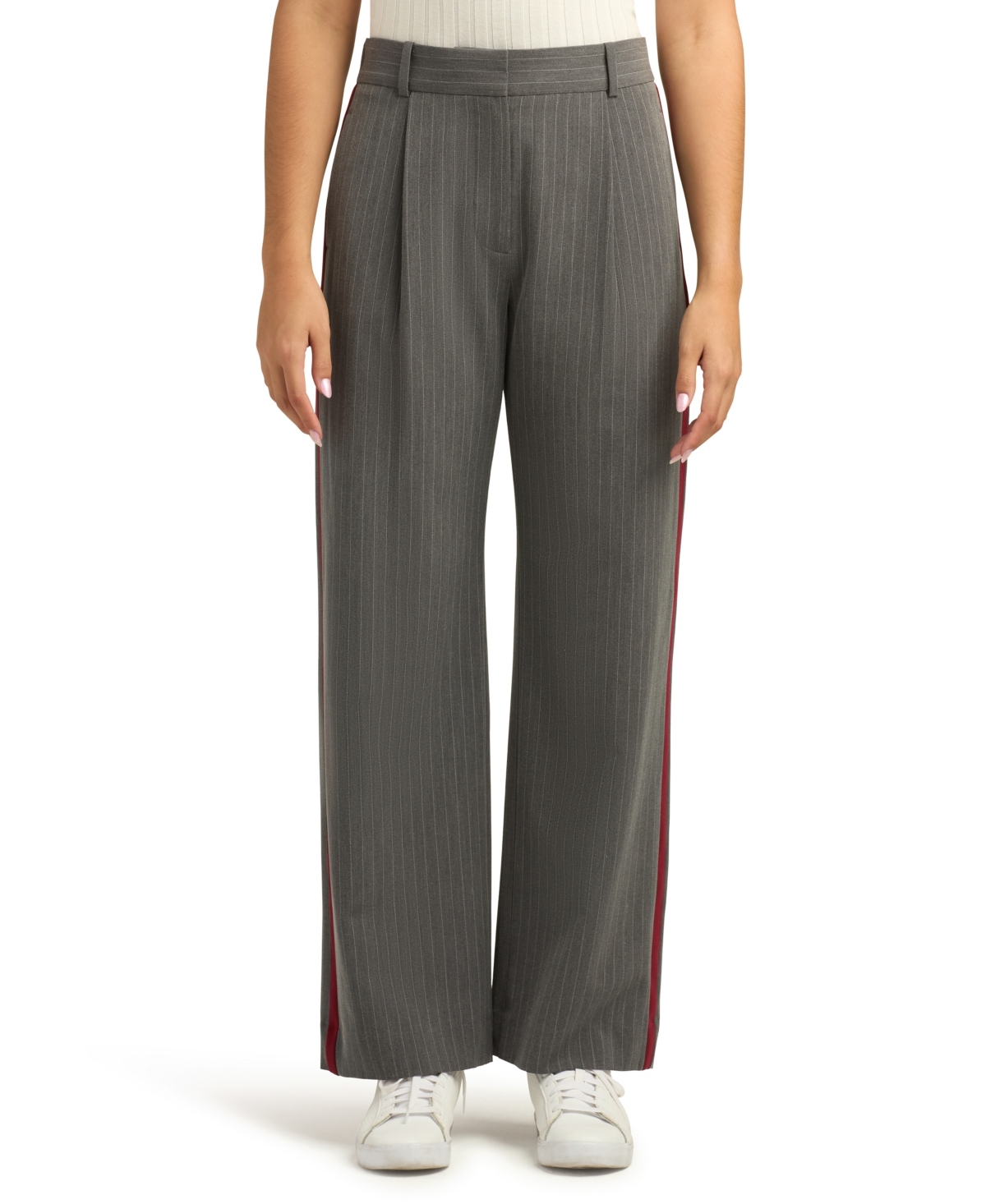 Bcx Juniors High-rise Pinstripe Wide-leg Pants In Gray