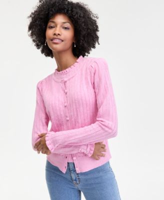 Women's Puff-Shoulder Pointelle-Knit Cardigan