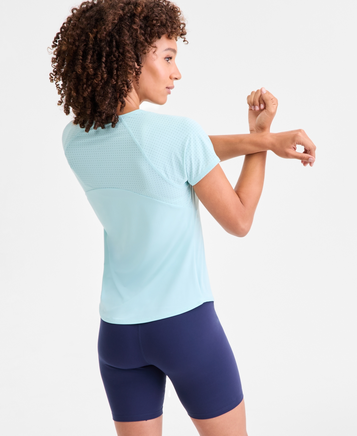Id Ideology Women's Relaxed Crewneck Perforated T-shirt, Macy's Exclusive In Blue