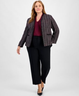 Plus Size Tweed Collarless Open-Front Jacket