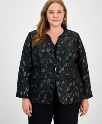 Kasper - Plus Size Metallic Jacquard Collarless One-Button Blazer