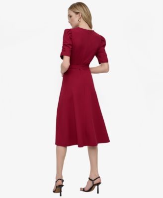 Women's Ruched-Sleeve Belted Fit and Flare Midi Dress