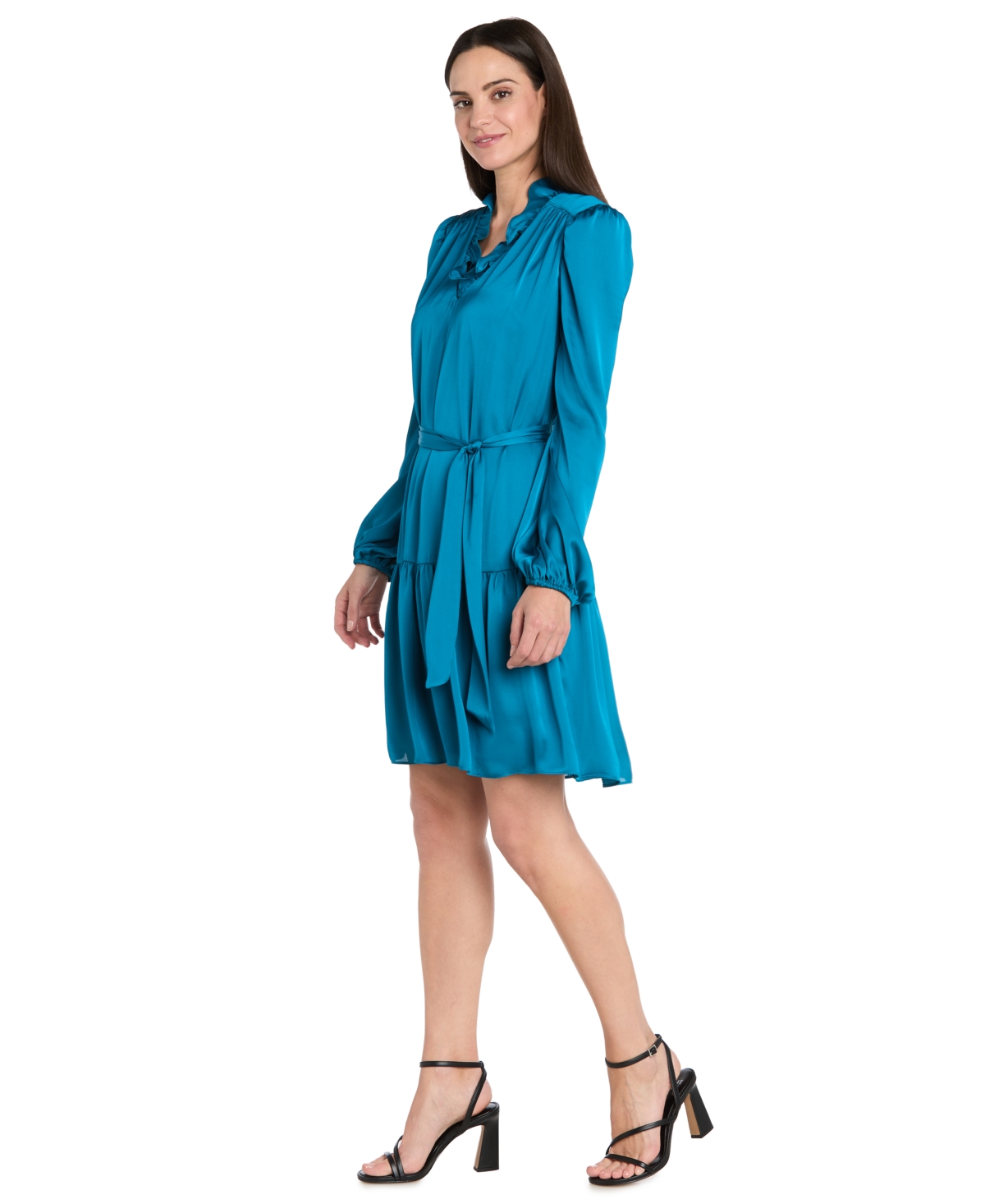 R & M Richards Women's V-neck Charmeuse Ruffled Waist-tie Dress In Blue