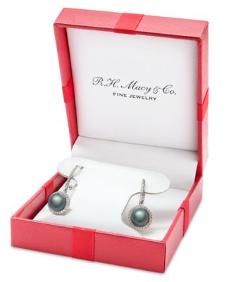 14K White Gold Tahitian Pearl (7.5-8.0mm) and Diamond (1/4 ct.tw.) Leverback Earrings Set 