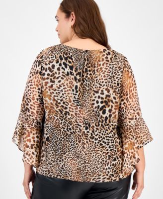 Plus Size Animal Print Ruffle-Sleeve Blouse