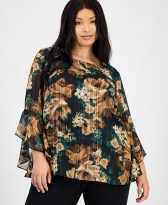 Kasper - Plus Size Printed Ruffle-Sleeve Blouse