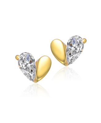 Sterling Silver 14K Gold Plated with Colored Cubic Zirconia Heart Stud Earrings