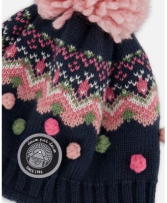 Girl Lined Peruvian Knit Pompom Hat Navy Blue and Pink - Toddler|Child