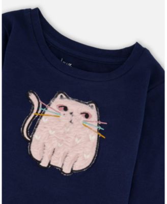 Girl Cotton T-Shirt Dark Blue with Cat - Toddler|Child
