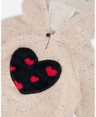Girl Glittering Beige French Terry Hoodie with Heart Applique - Toddler|Child