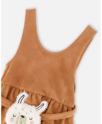 Girl Stretch Suede Effect Jumper Light Pecan Brown with Llama Bag - Child