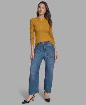 Women's Long Sleeve Mix-Stitch Henley Neck Sweater