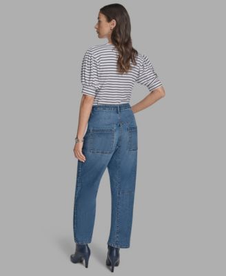 Women's Knee Seam Patch Pocket Barrell-Leg Jeans