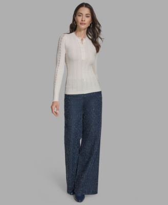 Women's Long Sleeve Mix-Stitch Henley Neck Sweater