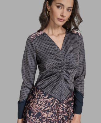 Women's Long Sleeve Mix-Print V-Neck Dress