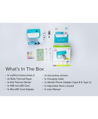 Insta 2 (Blue) Kids Instant Print Camera, 12MP Photos, 1080P Video, Front & Selfie Lens, microSD Card & Neck Lanyard, Travel Camera, for Ages 3-12