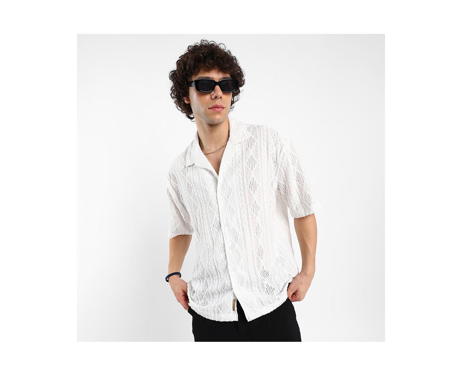 Men's Daisy White Argyle-Textured Oversized Shirt