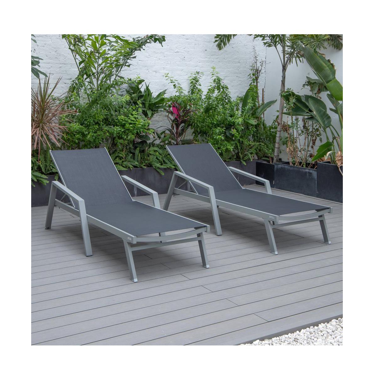 LeisureMod Marlin Patio Chaise Lounge Chair With Armrests in Grey Aluminum Frame