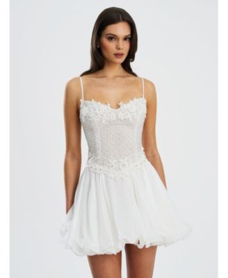 Women Fabiola Lace Trim Silver Net Top Mini Flare Chiffon Dress