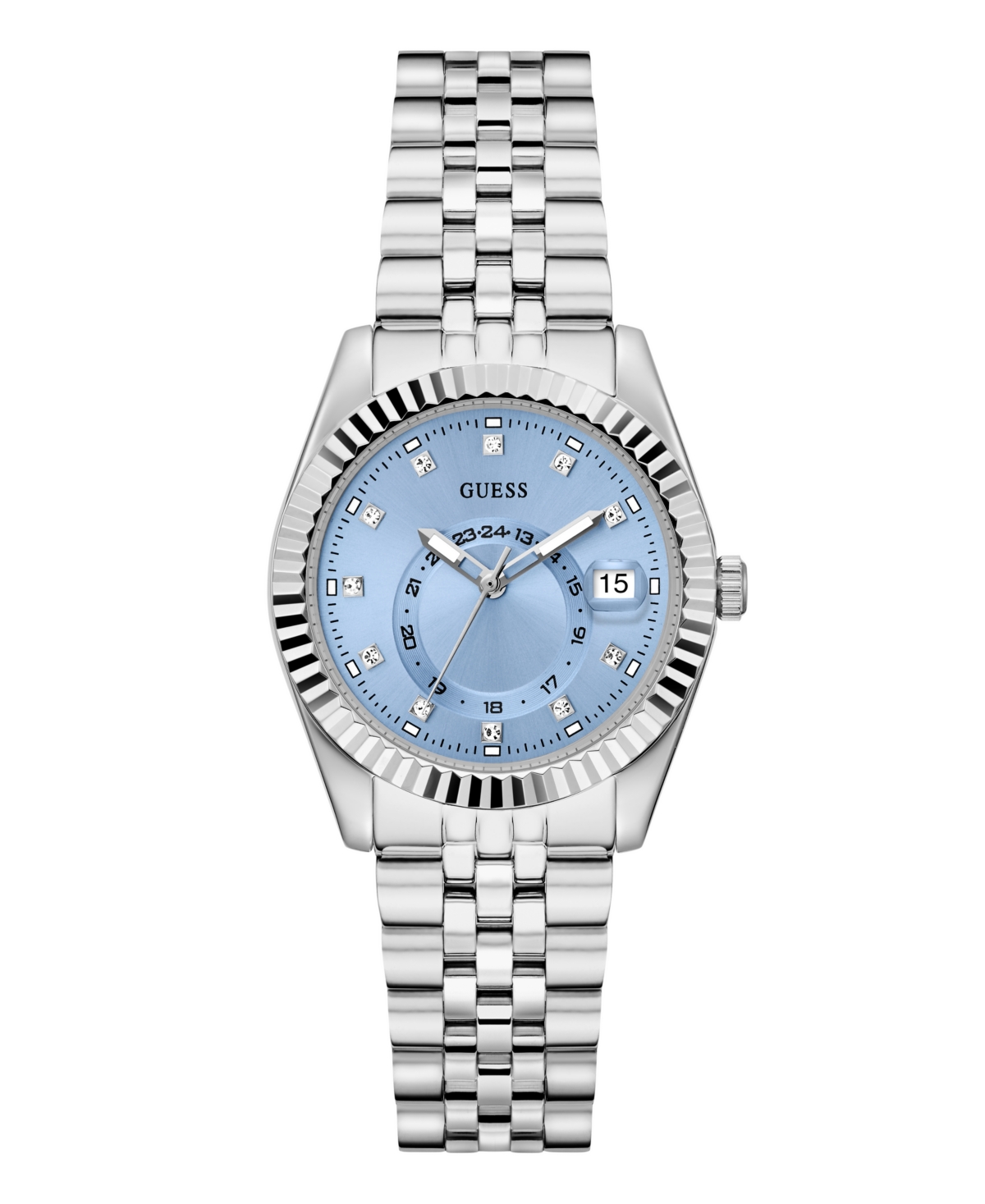 Guess Women's Silver Tone Multi-function Date Watch, 34mm In Metallic