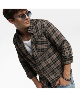 Men's Tan Brown & Charcoal Black Tartan Plaid Shirt