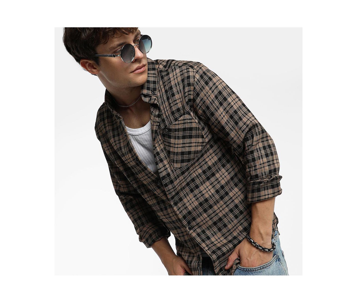 Мужская рубашка Cahoot Campus Sutra Tan Brown & Charcoal Black Tartan Plaid, цвет: Чёрный — фото 2