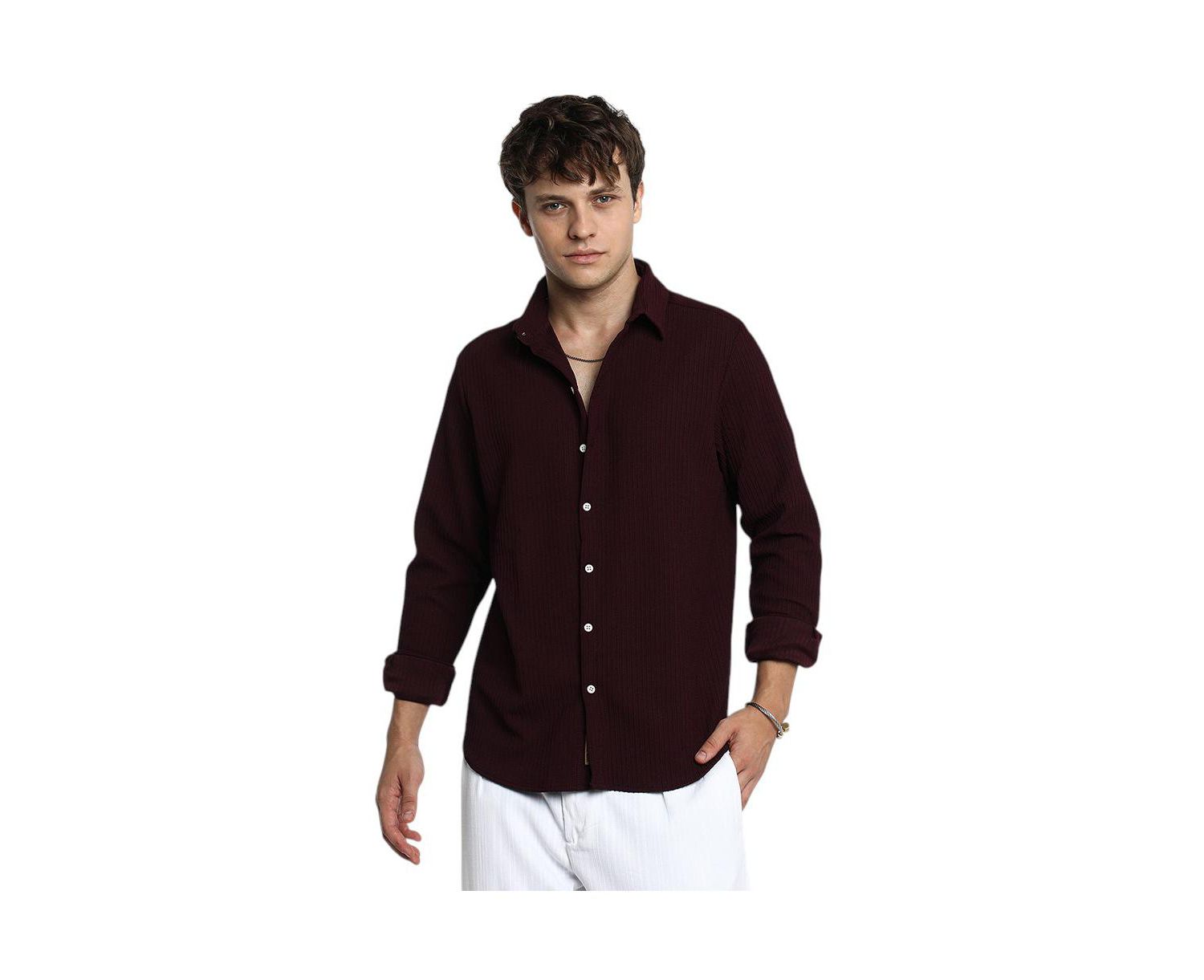 Men's Maroon Red Stripe-Creased Shirt